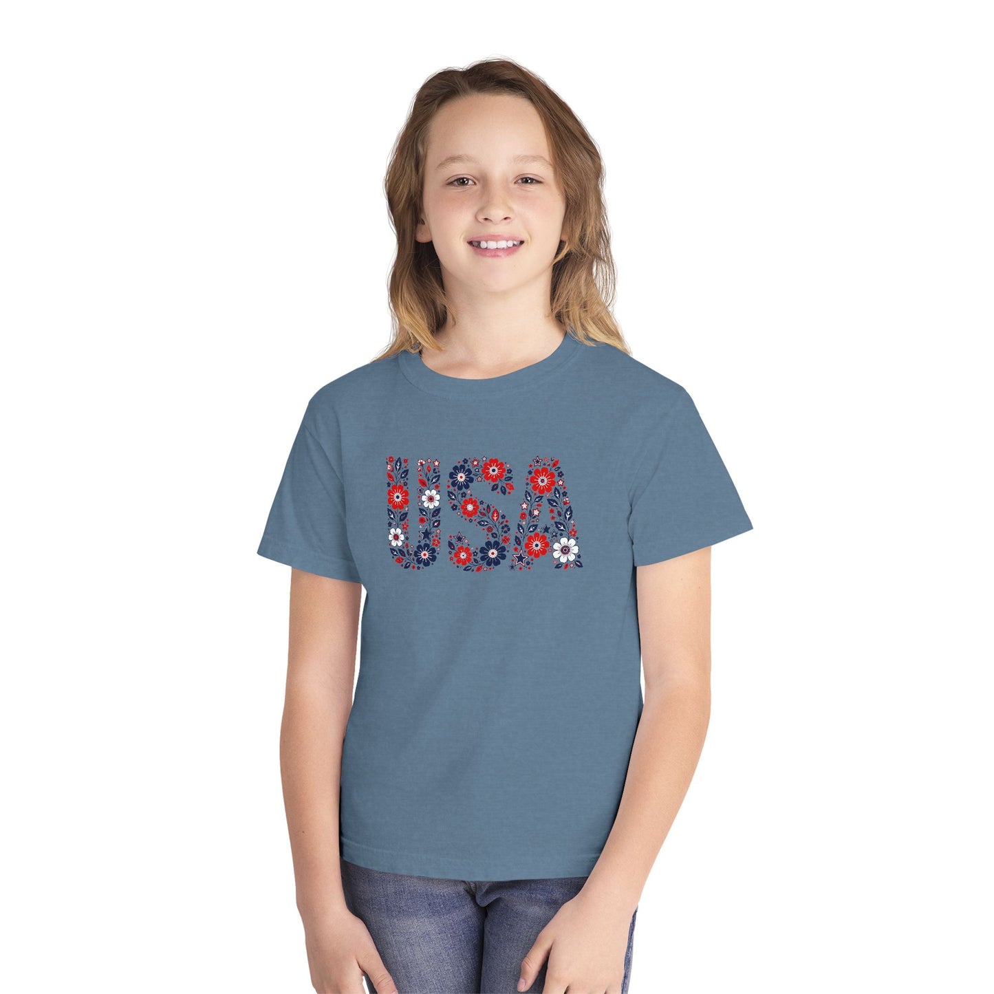USA Floral Youth Tee — Patriotic Kids T-Shirt with Red & Blue Flower Design