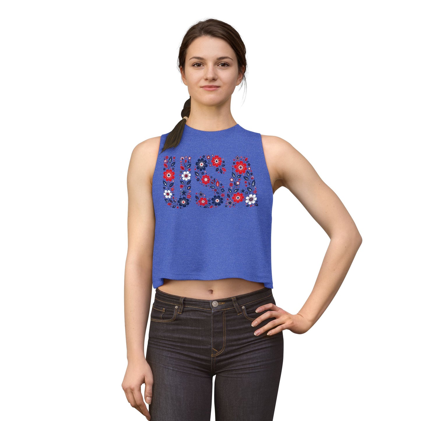 USA Floral Crop Top — Patriotic Red White Blue Tank for 4th of July