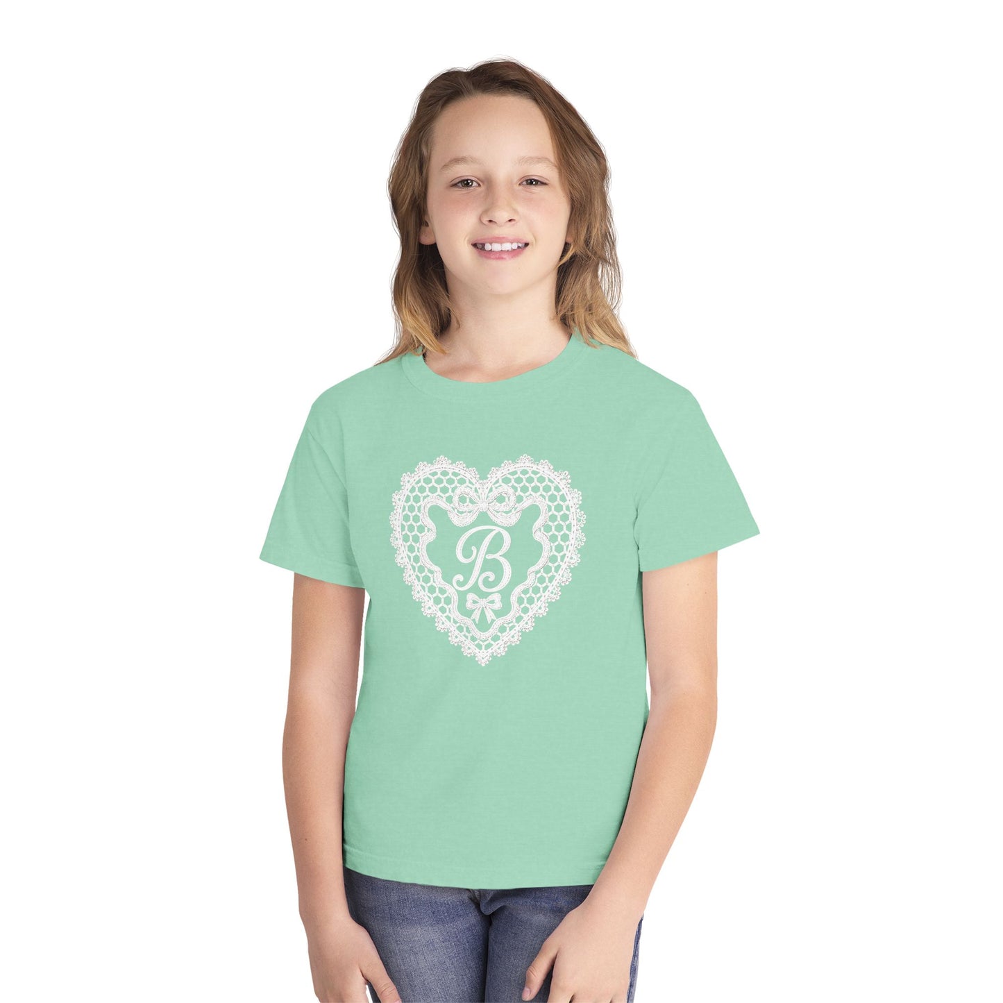 Youth Tee — Pink Lace Heart Monogram "B"