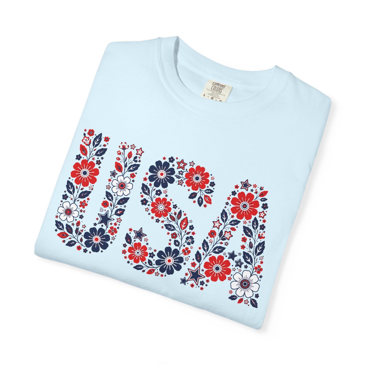 USA Floral T-Shirt — Patriotic Red White Blue Flower Graphic Tee