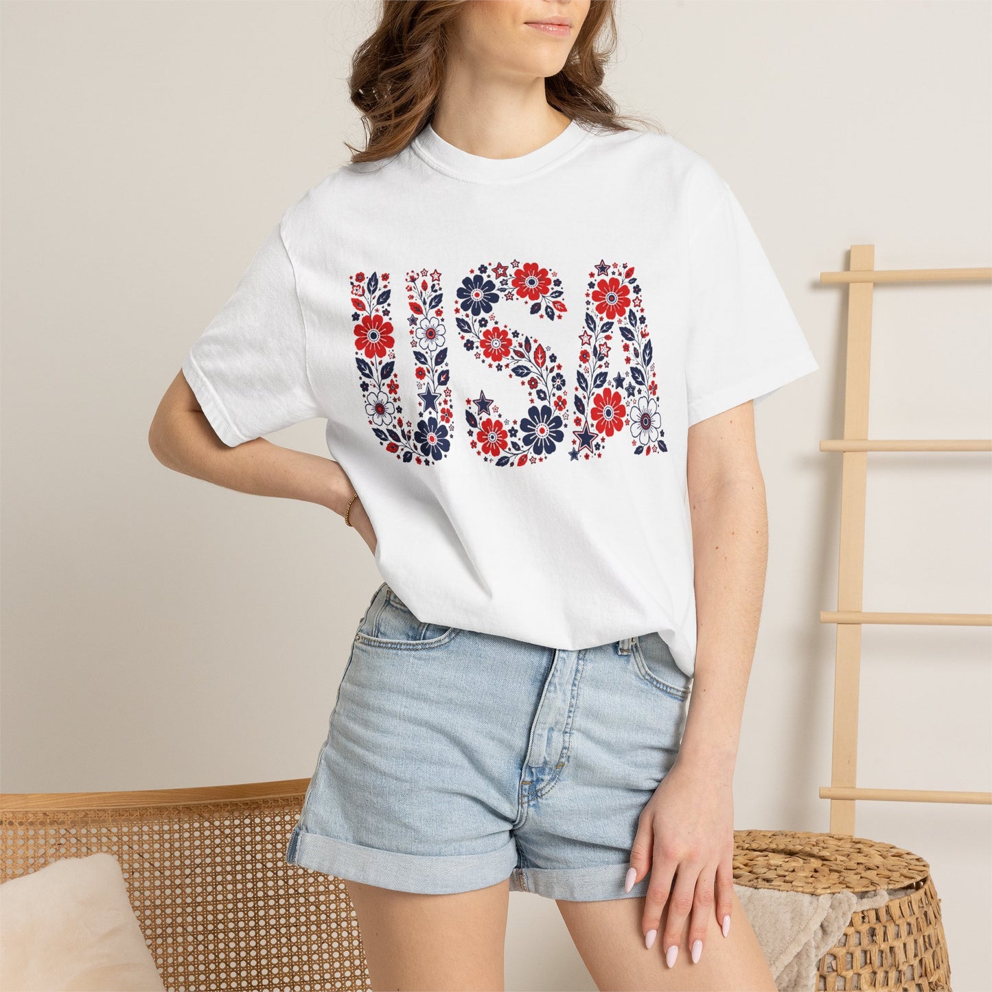 USA Floral T-Shirt — Patriotic Red White Blue Flower Graphic Tee