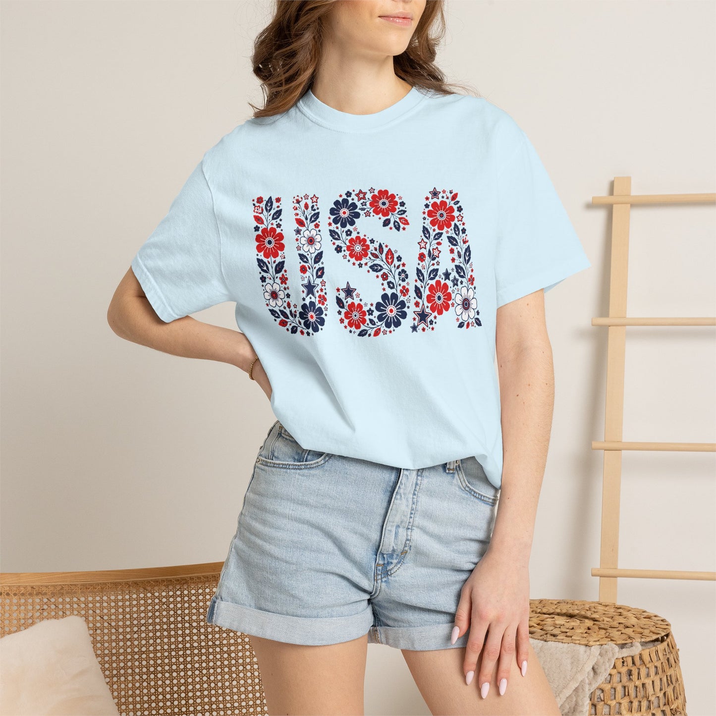 USA Floral T-Shirt — Patriotic Red White Blue Flower Graphic Tee