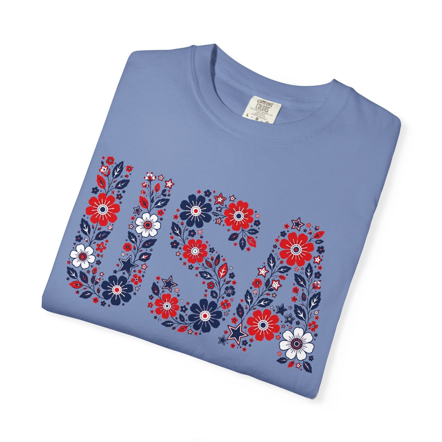 USA Floral T-Shirt — Patriotic Red White Blue Flower Graphic Tee