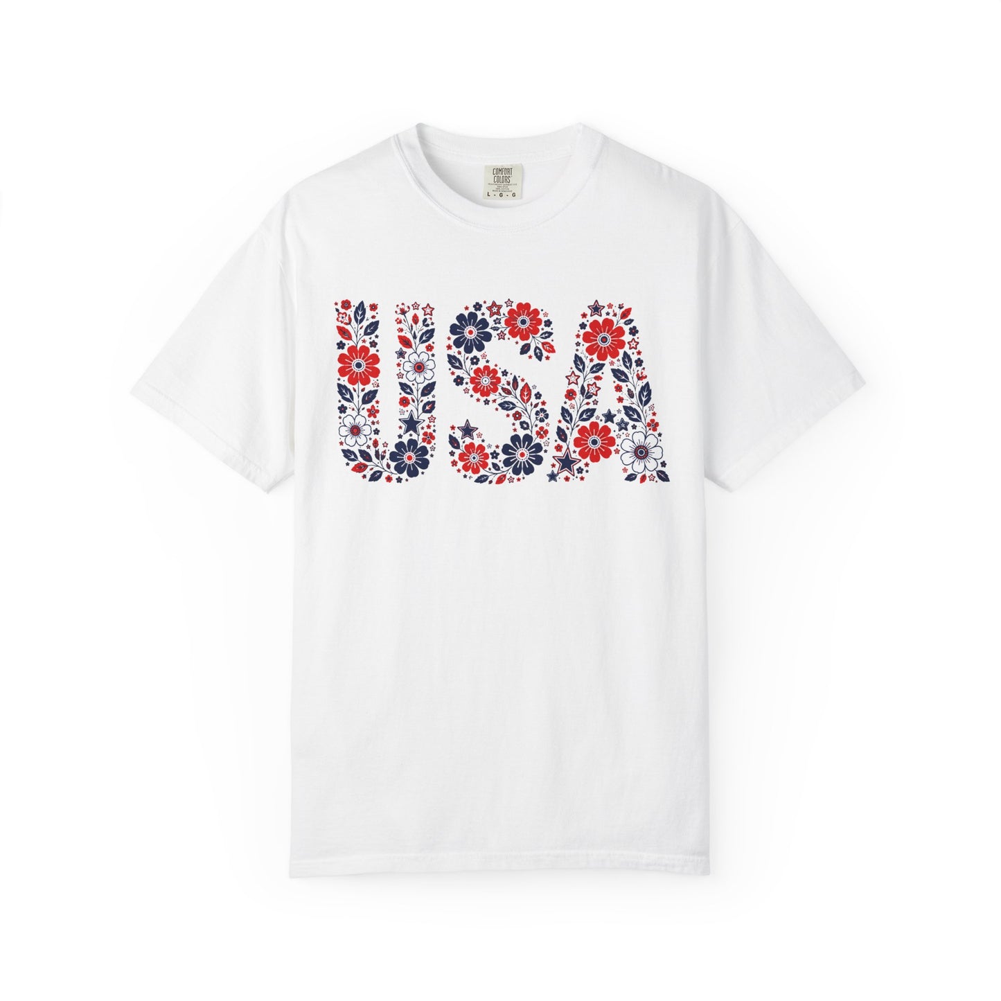 USA Floral T-Shirt — Patriotic Red White Blue Flower Graphic Tee