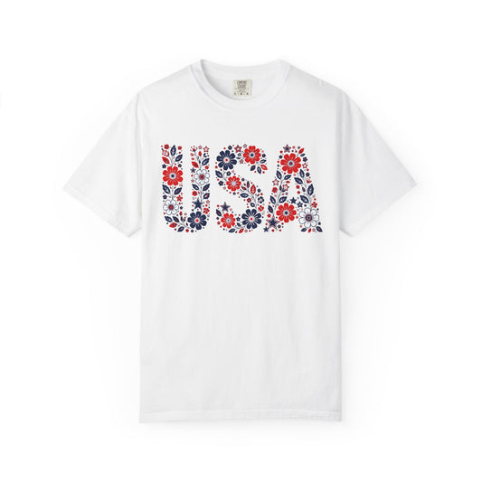 USA Floral T-Shirt — Patriotic Red White Blue Flower Graphic Tee
