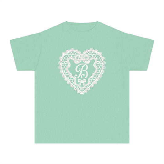 Youth Tee — Pink Lace Heart Monogram "B"
