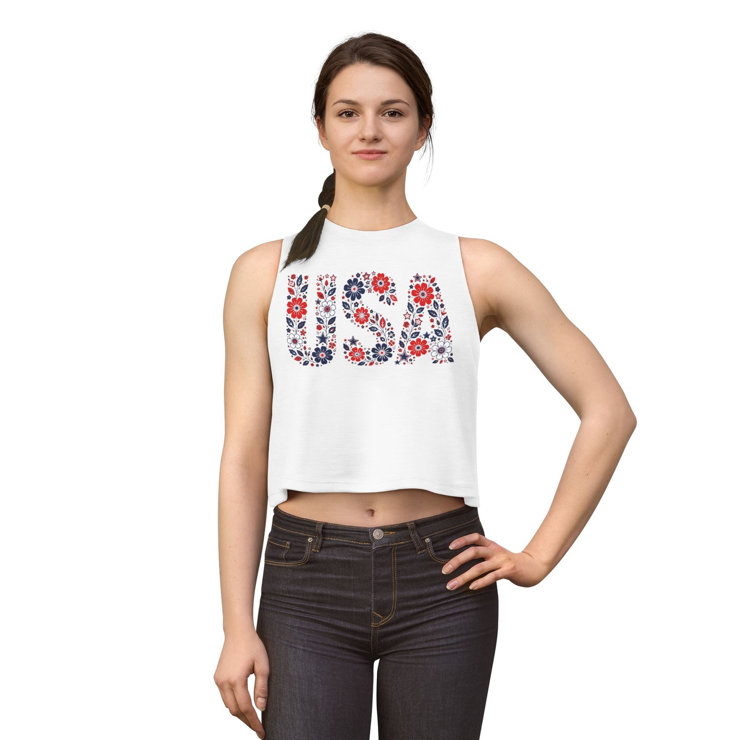 USA Floral Crop Top — Patriotic Red White Blue Tank for 4th of July