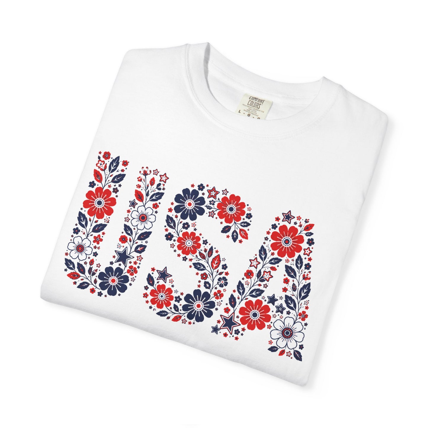 USA Floral T-Shirt — Patriotic Red White Blue Flower Graphic Tee