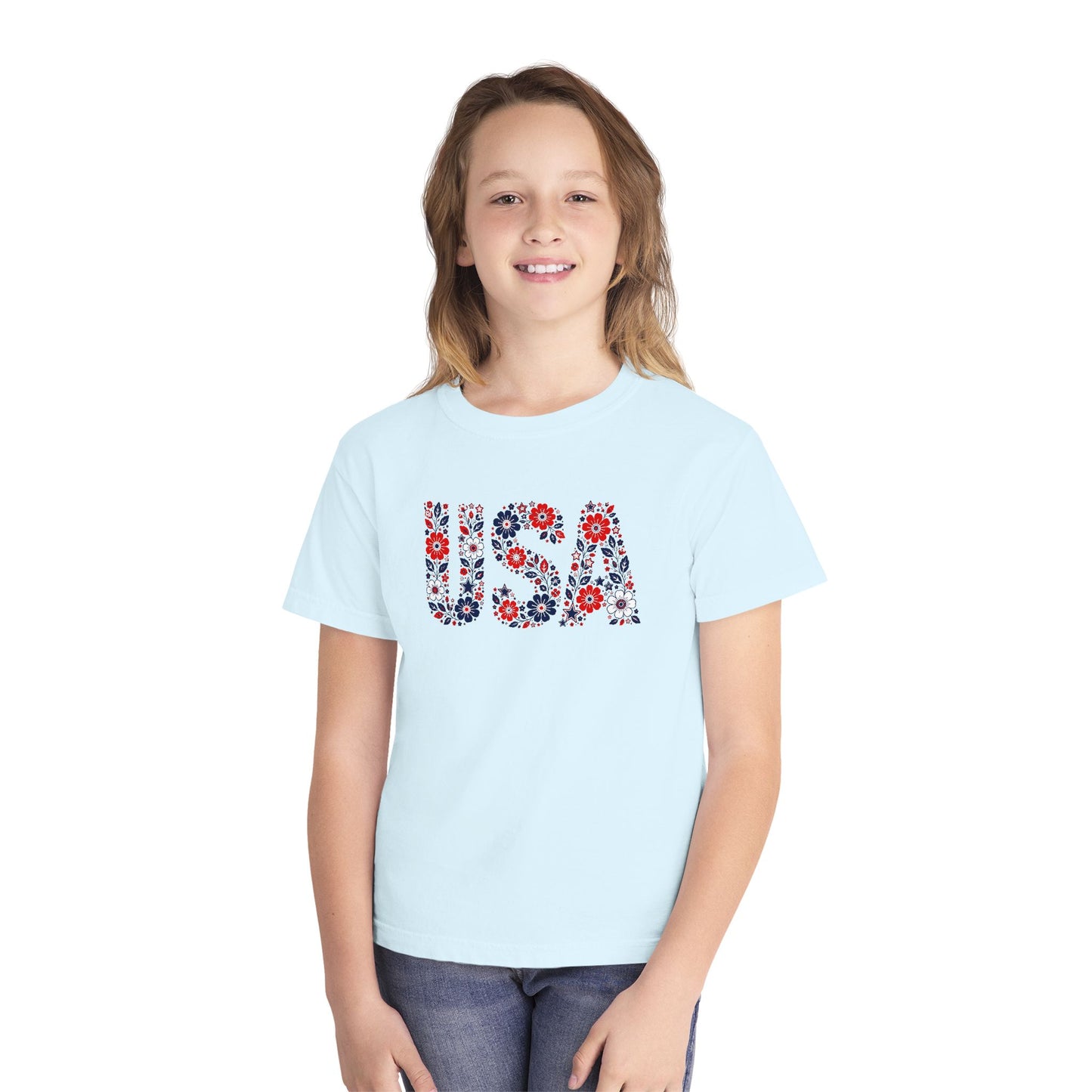 USA Floral Youth Tee — Patriotic Kids T-Shirt with Red & Blue Flower Design