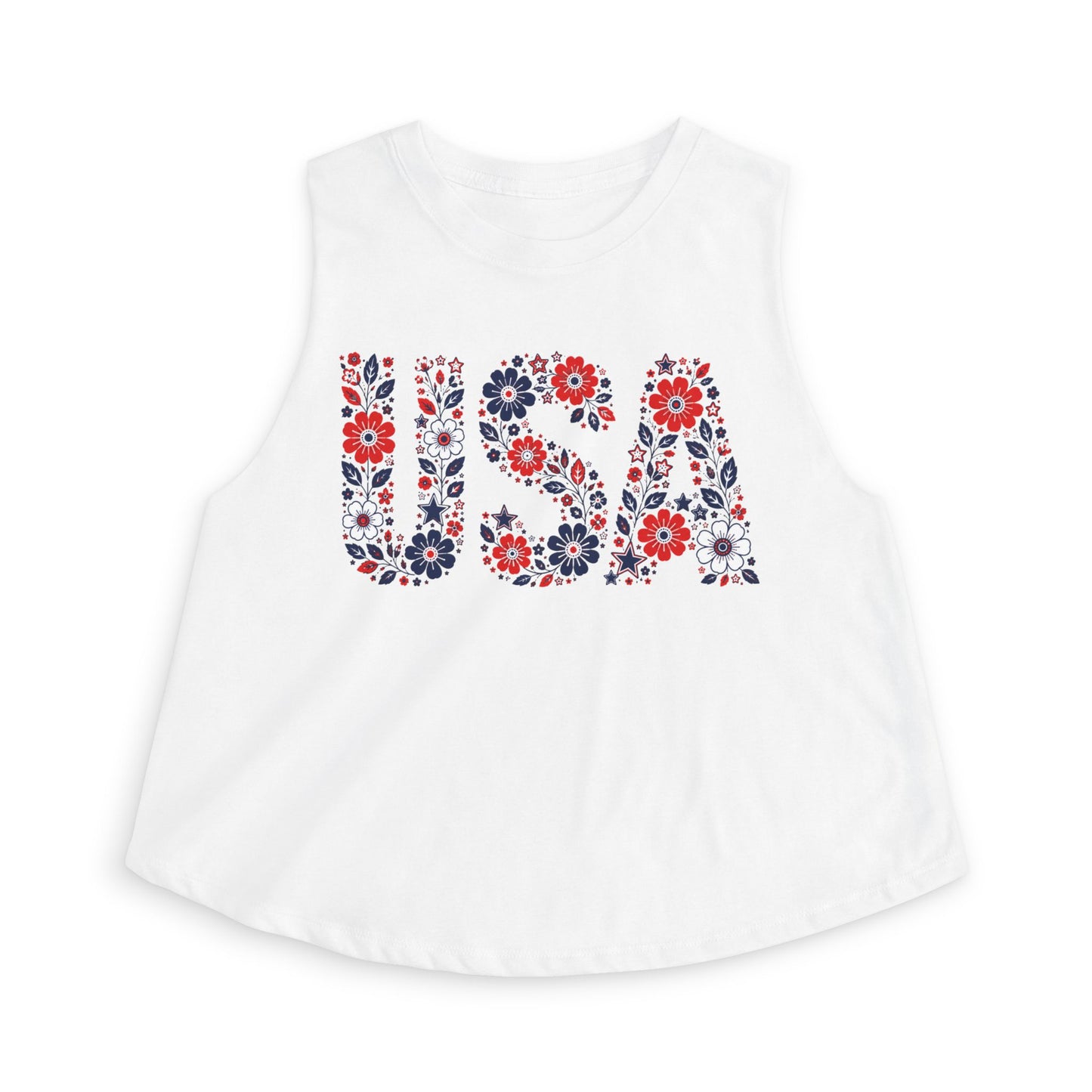 USA Floral Crop Top — Patriotic Red White Blue Tank for 4th of July