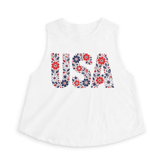 USA Floral Crop Top — Patriotic Red White Blue Tank for 4th of July