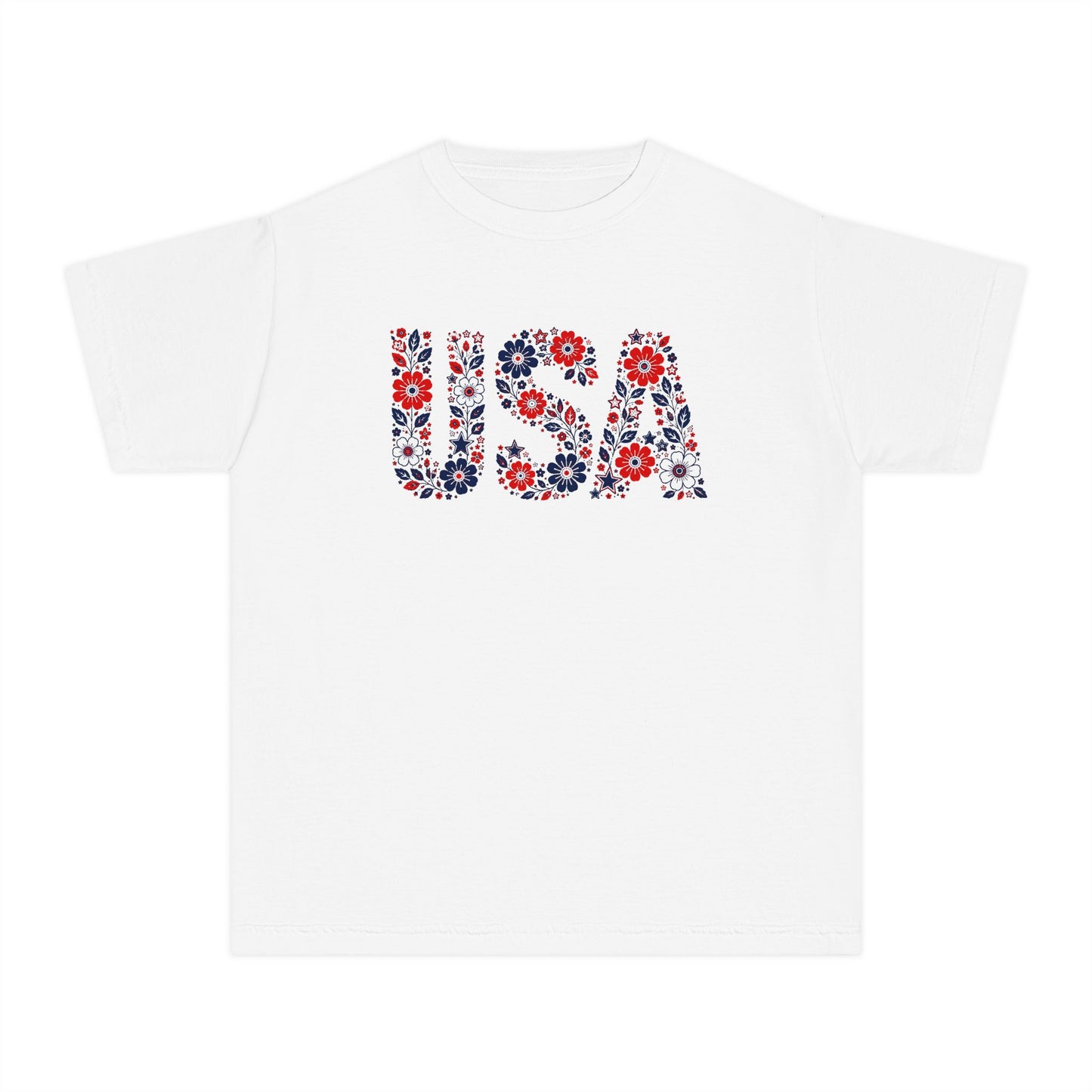 USA Floral Youth Tee — Patriotic Kids T-Shirt with Red & Blue Flower Design