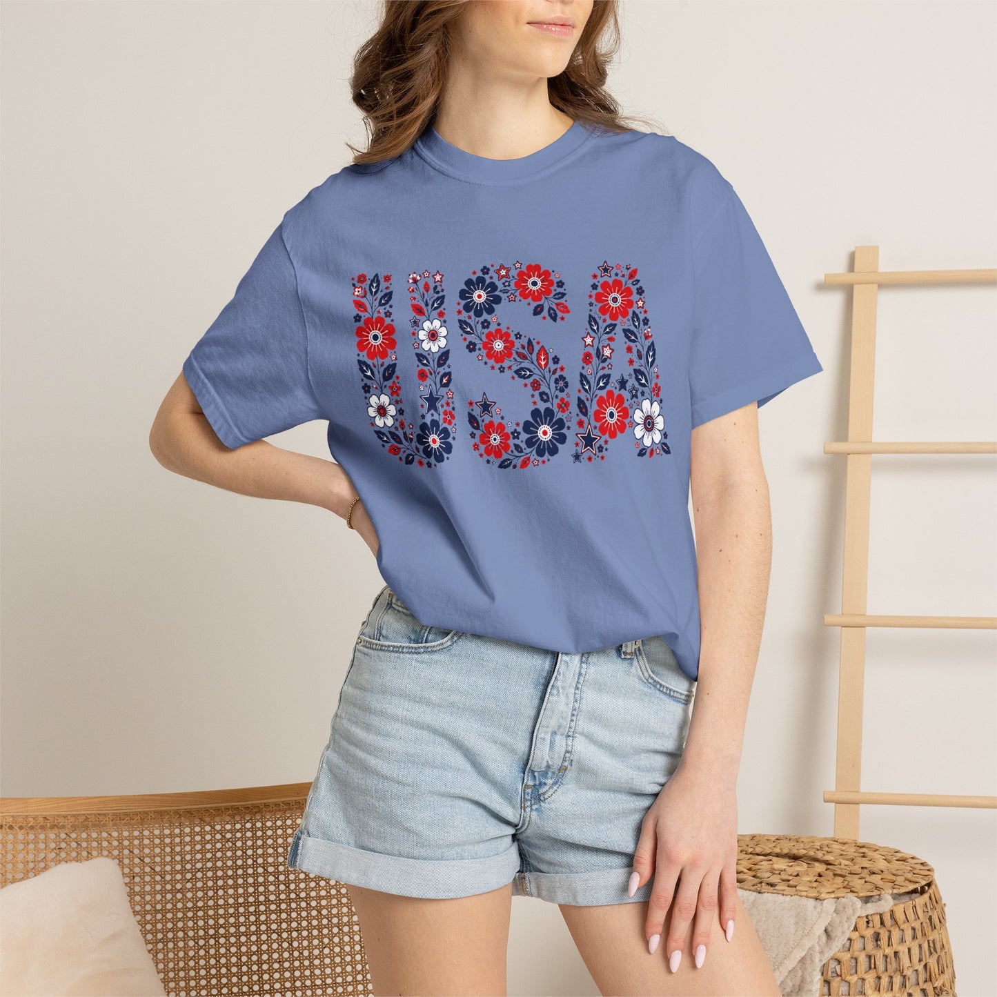 USA Floral T-Shirt — Patriotic Red White Blue Flower Graphic Tee