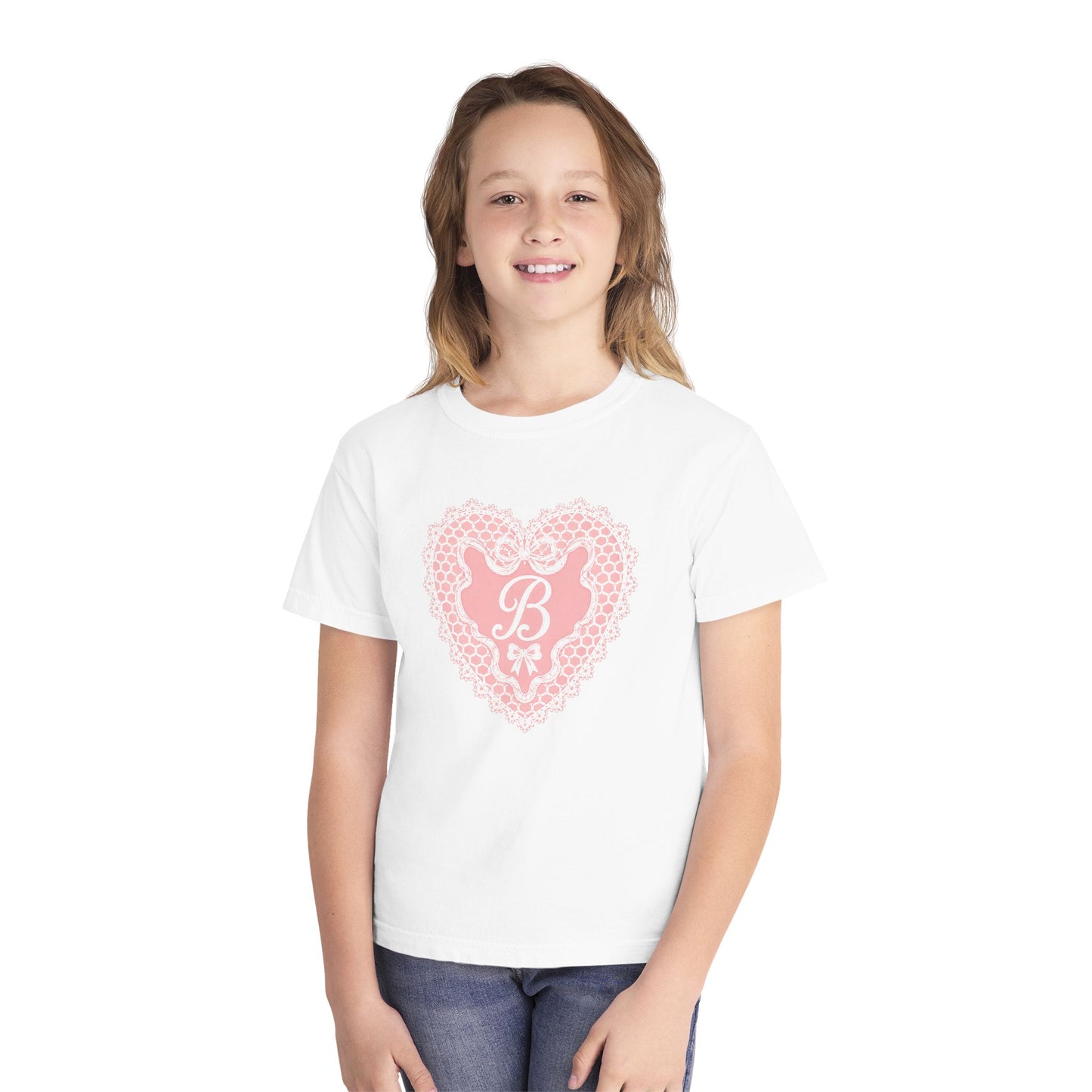 Youth Tee — Pink Lace Heart Monogram "B"