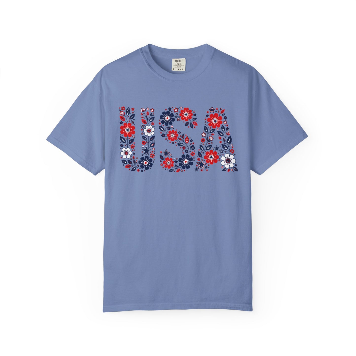 USA Floral T-Shirt — Patriotic Red White Blue Flower Graphic Tee