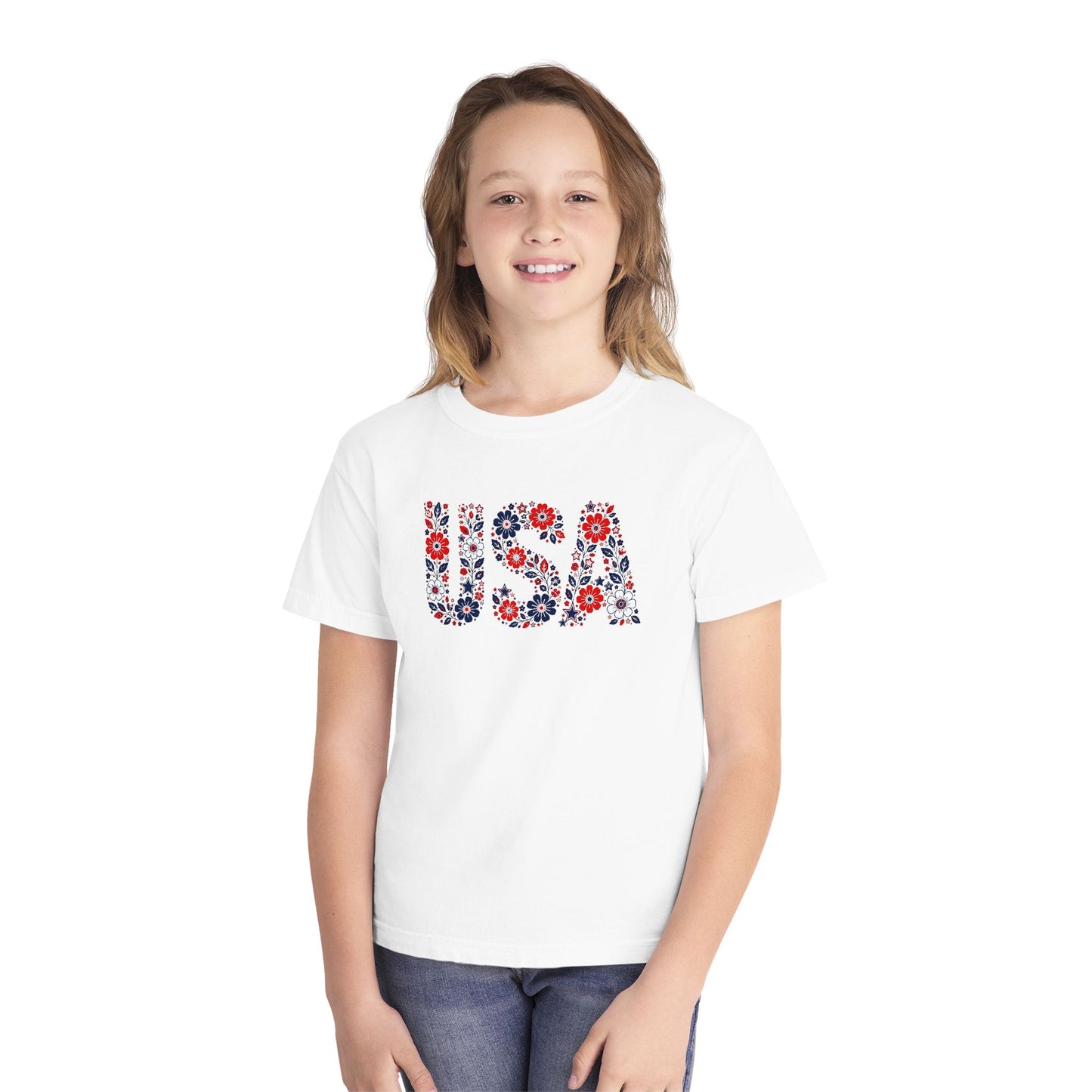 USA Floral Youth Tee — Patriotic Kids T-Shirt with Red & Blue Flower Design