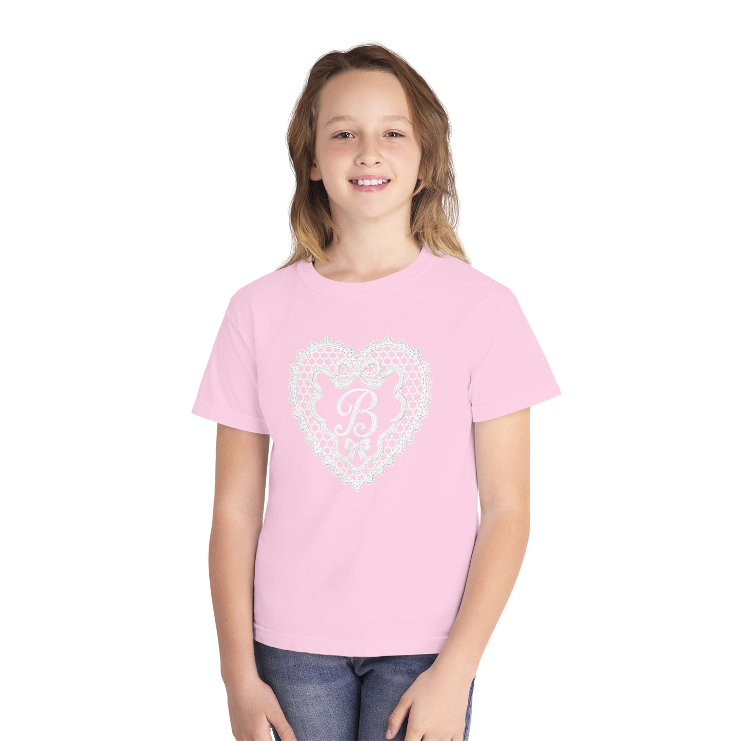 Youth Tee — Pink Lace Heart Monogram "B"