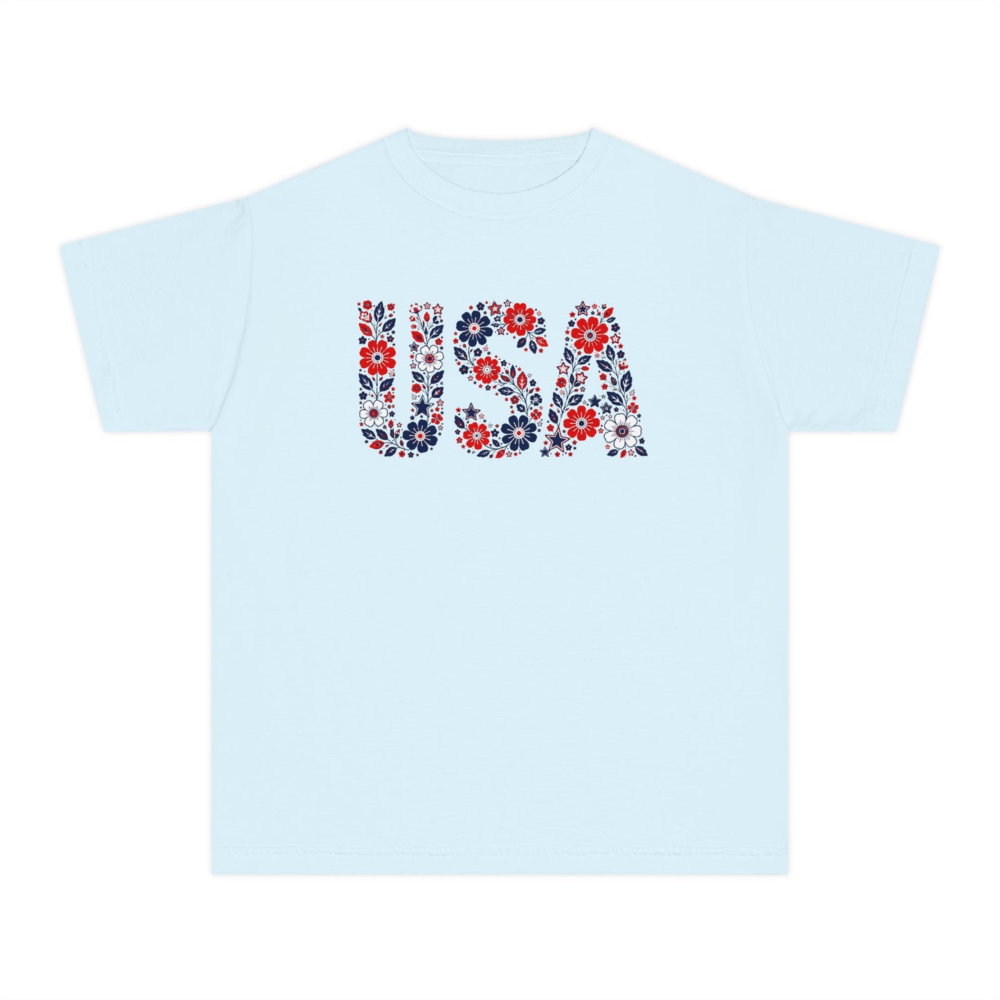 USA Floral Youth Tee — Patriotic Kids T-Shirt with Red & Blue Flower Design