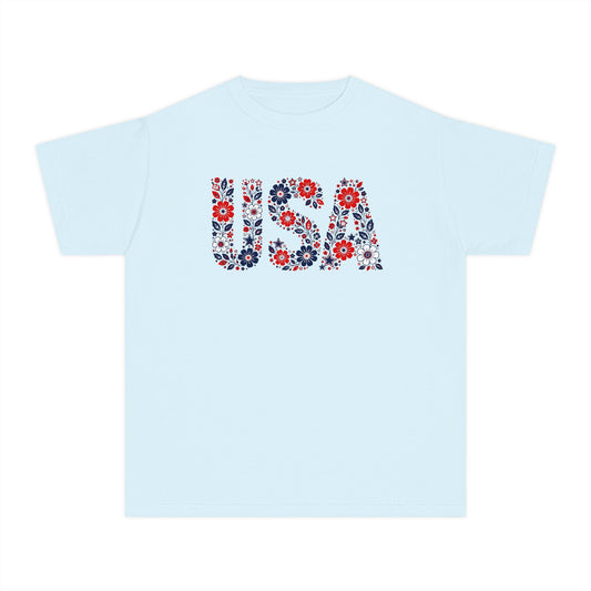 USA Floral Youth Tee — Patriotic Kids T-Shirt with Red & Blue Flower Design
