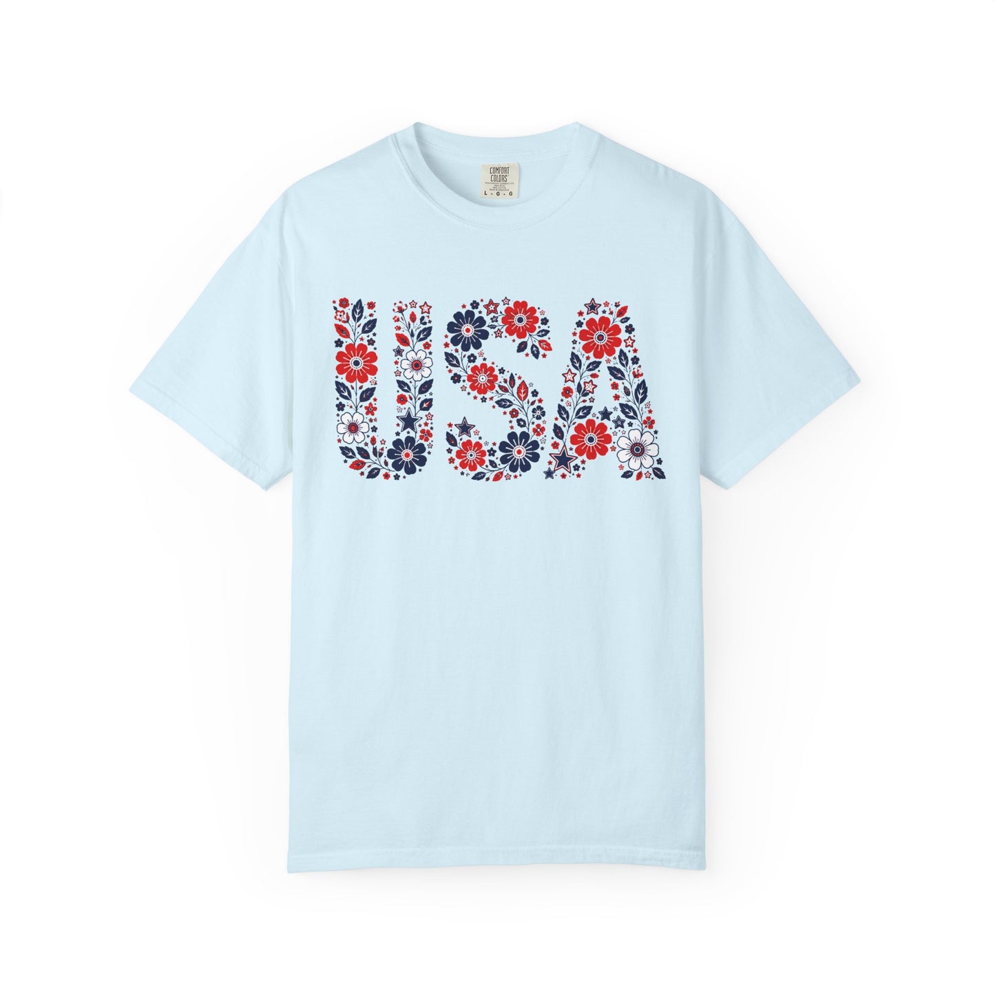 USA Floral T-Shirt — Patriotic Red White Blue Flower Graphic Tee
