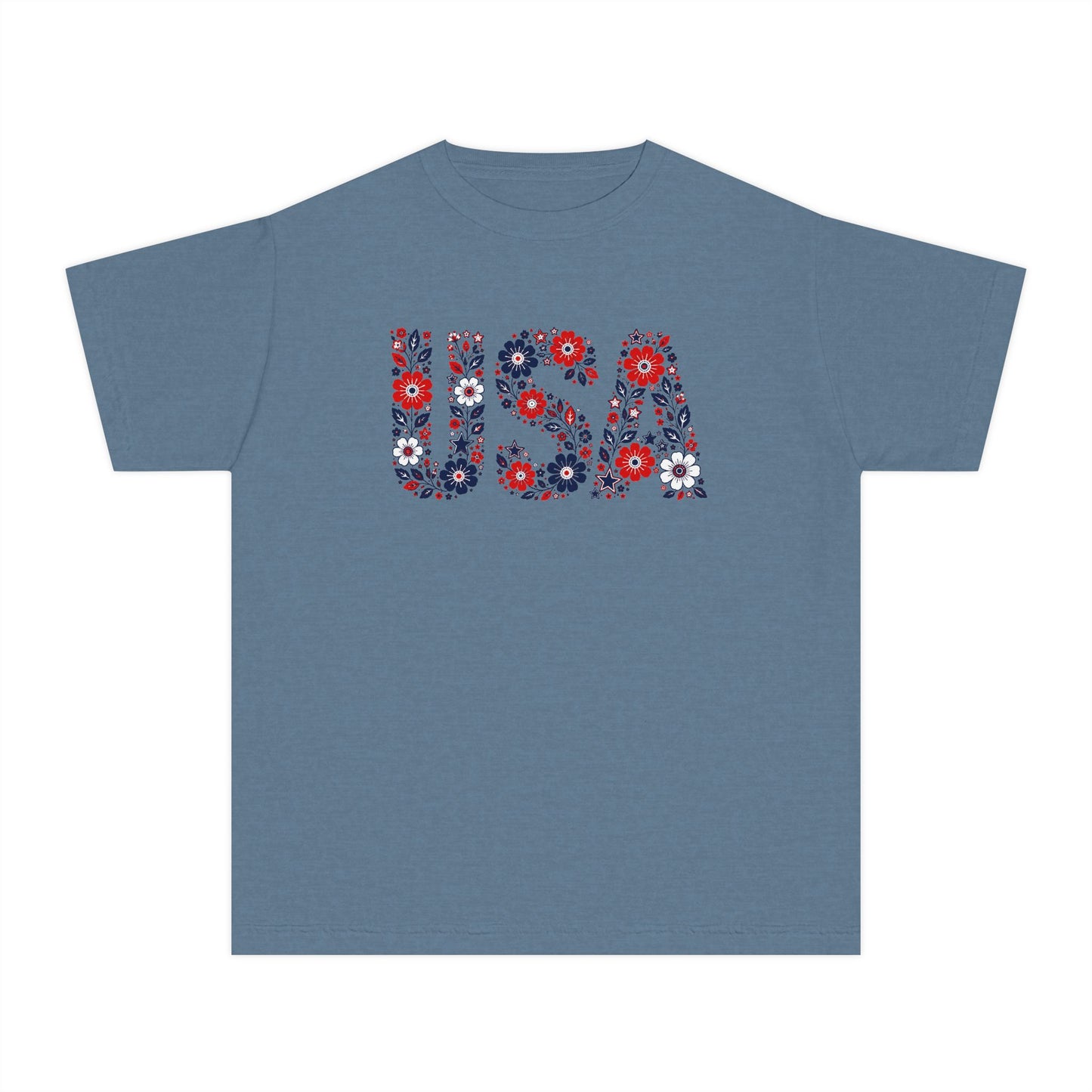 USA Floral Youth Tee — Patriotic Kids T-Shirt with Red & Blue Flower Design